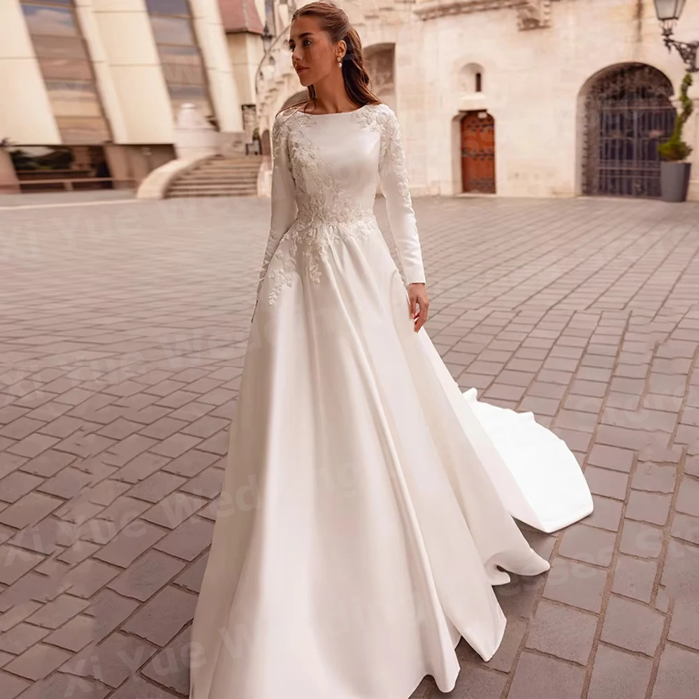 Elegant A Line Women's O Neck Appliques Wedding Dresses Vestido De Novia Long Sleeve Satin Bride Gowns Customized Robe De Mariée
