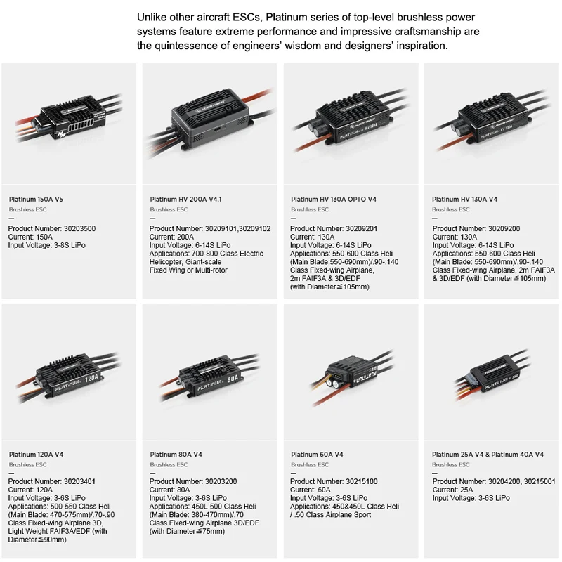 Hobbywing Platinum Brushless ESC 25/40/60/80/110/120/130/150/200A Soft Start-ups Reverse Brake Highpower BEC DEO Technology