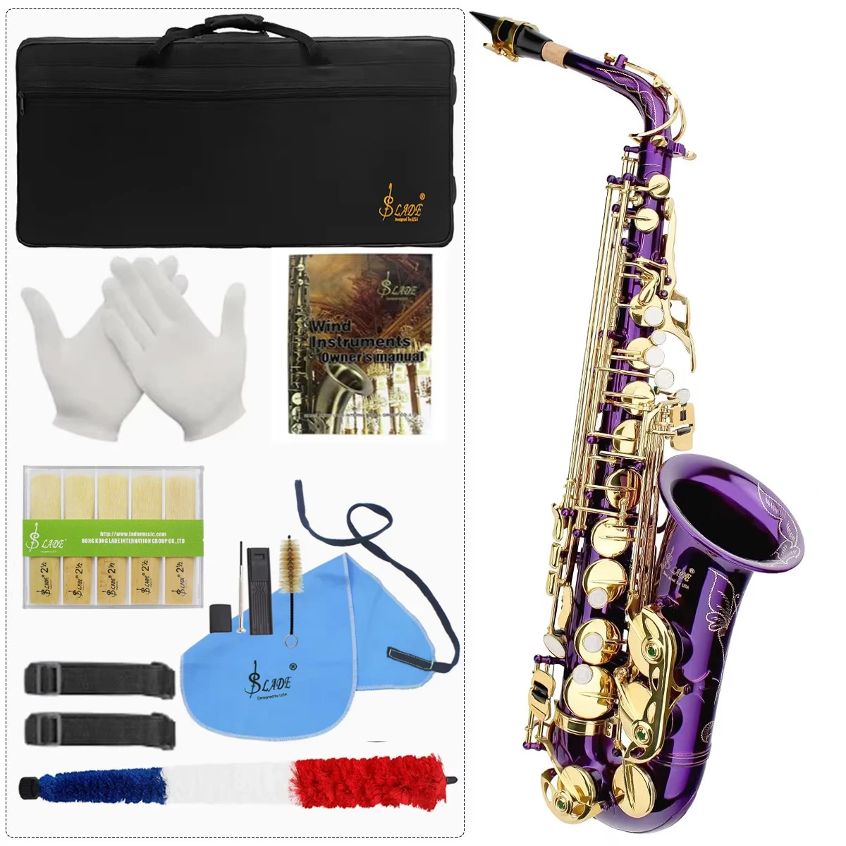 

SLADE Alto Saxophone Lower E Tone Yellow Copper Tube Body Carving Flower White Shell Button Purple (SLADE Cloth Box )