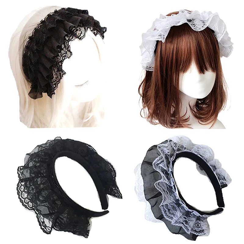 Womens Lolita Style Kawaii Cosplay Black Headdress Three-Layer Lace Headband Maid Girl Hair Accessories Hair Band Headwear