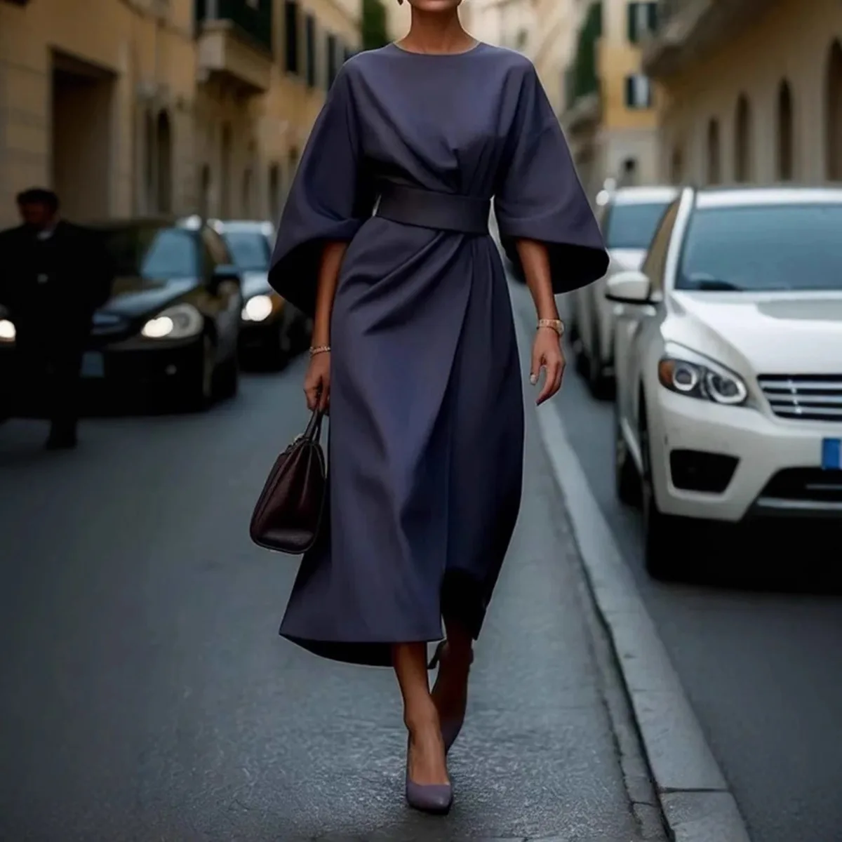 

Fashion Temperament Elegant Solid Color Waist Dress Casual Bat Sleeve Long Dress 2025 Foreign Trade Women's Clothing