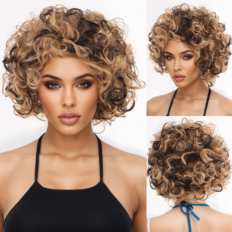 

New European American style short curly wig with high-temperature fiber, fashionable and voluminous, in mixed brown colors f