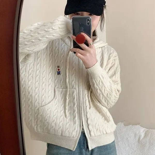 

Свободный вязаный кардиган с застежкой-молнией и вышивкой Верхняя одежда для похудения Топ весна-осень Ленивый вязаный свитер с шапкой