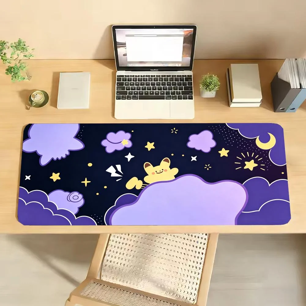 Purple Starry Sky Cloud Moon Large Mouse Pad Night Sky Star Pattern Desk Mat, Non‑Slip Rubber Base Stitched Edge