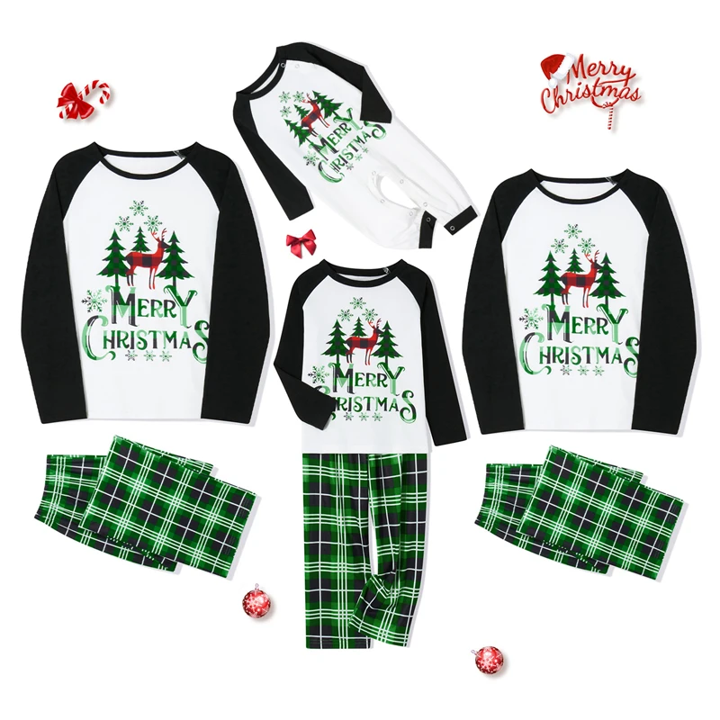 

Christmas Family Pajamas Matching Set Red Reindeer Print Long Sleeve Tops and White Snowflake Pants Sleepwear