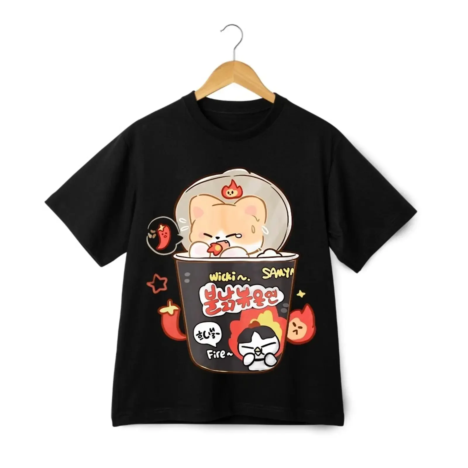 Hot Chicken Spicy Fire Noodle Ramen Dog T-Shirt, süßes Anime-Essen, Vintage-Stil, gewaschen, bequem, atmungsaktiv, Unisex-Mode