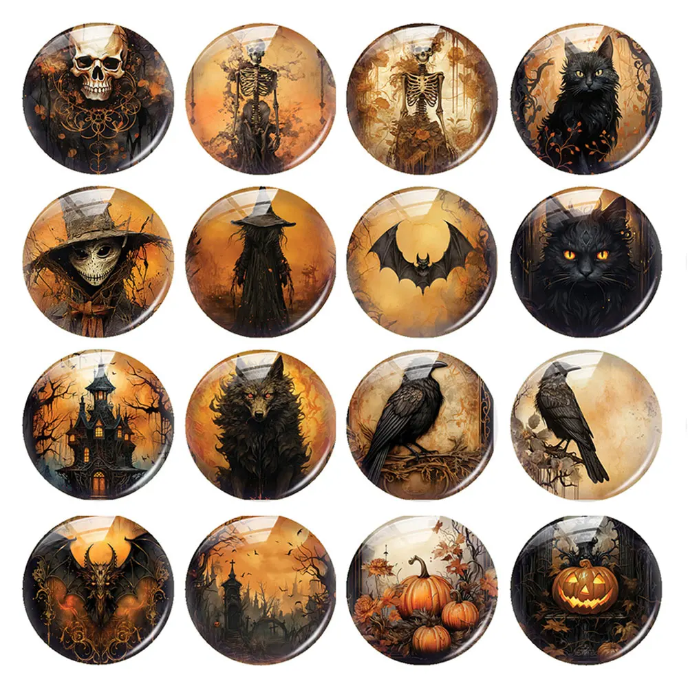 Halloween Gothic Horror Orange Scarecrow Raven Skull Witch Cat Photo Glass Cabochon Flatback Demo Cameo For Diy Jewelry Making