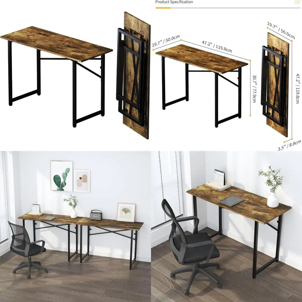 

Folding 47 Inch Computer Desk - Writing Gaming Table for Home Office, Camping, Rustic Brown, Easy Setup