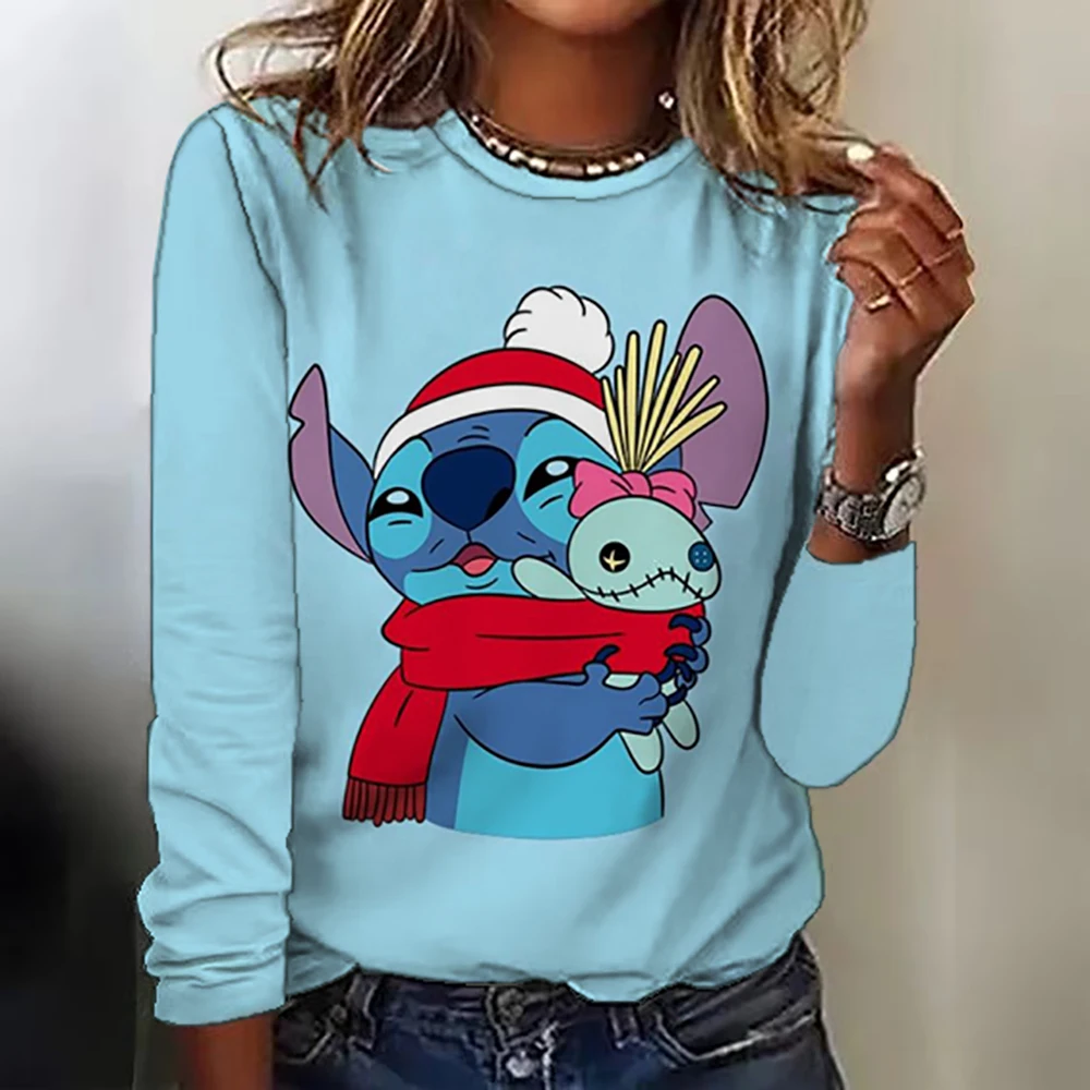 Women\'s round neck long-sleeved Disney Stitch Christmas print loose top breathable long-sleeved pullover daily casual T-shirt