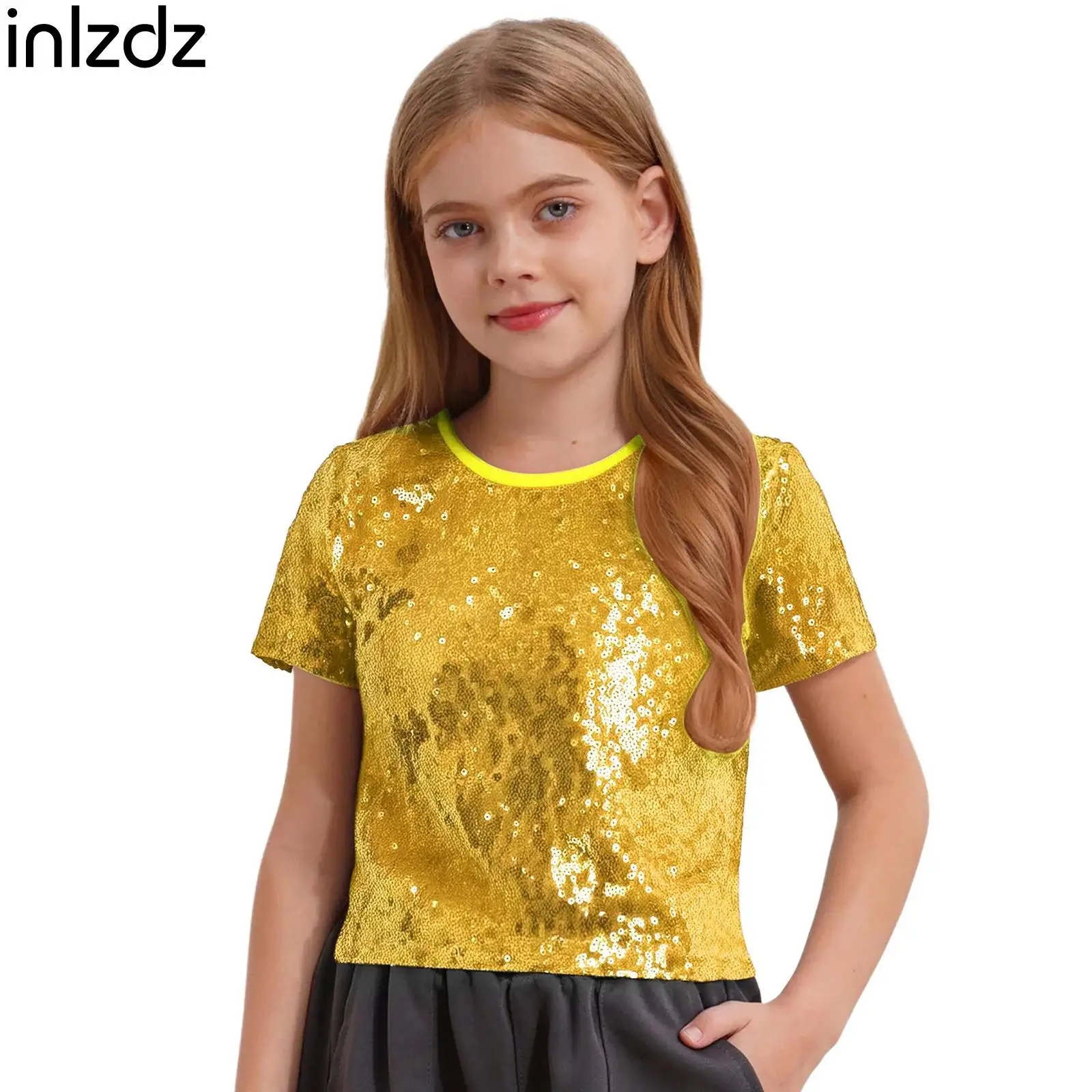 

Kids Jazz Dance Tops Short Sleeve Sparkling Sequin Crop Top for Girls Hip-Hop Stage Performance Party Fashion Costumes Dancewear