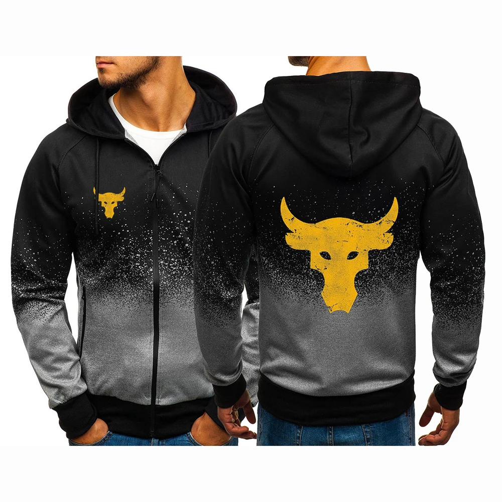 Dwayne Johnson Brahma Bull Tattoo Men Spring and Autumn Casual Harajuku Gradient Color Hooded Sweatshirts Zipper Jacket Clothing