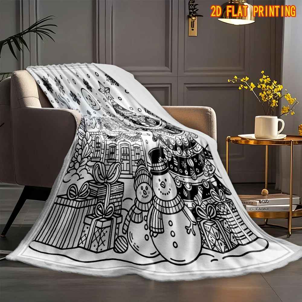 Winter Xmas Throw Blanket Snowman Tree House Gift Doodle Line Print Soft Flannel for Kids Room Sofa Lap Xmas DIY Craft Decor