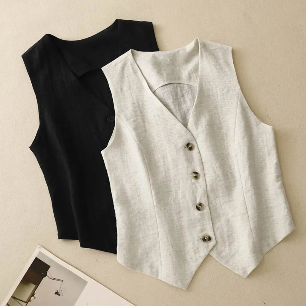 

Women's Slim Fit Sleeveless Vest New Style Thin Summer Outer Wear Linen Material Real Shot