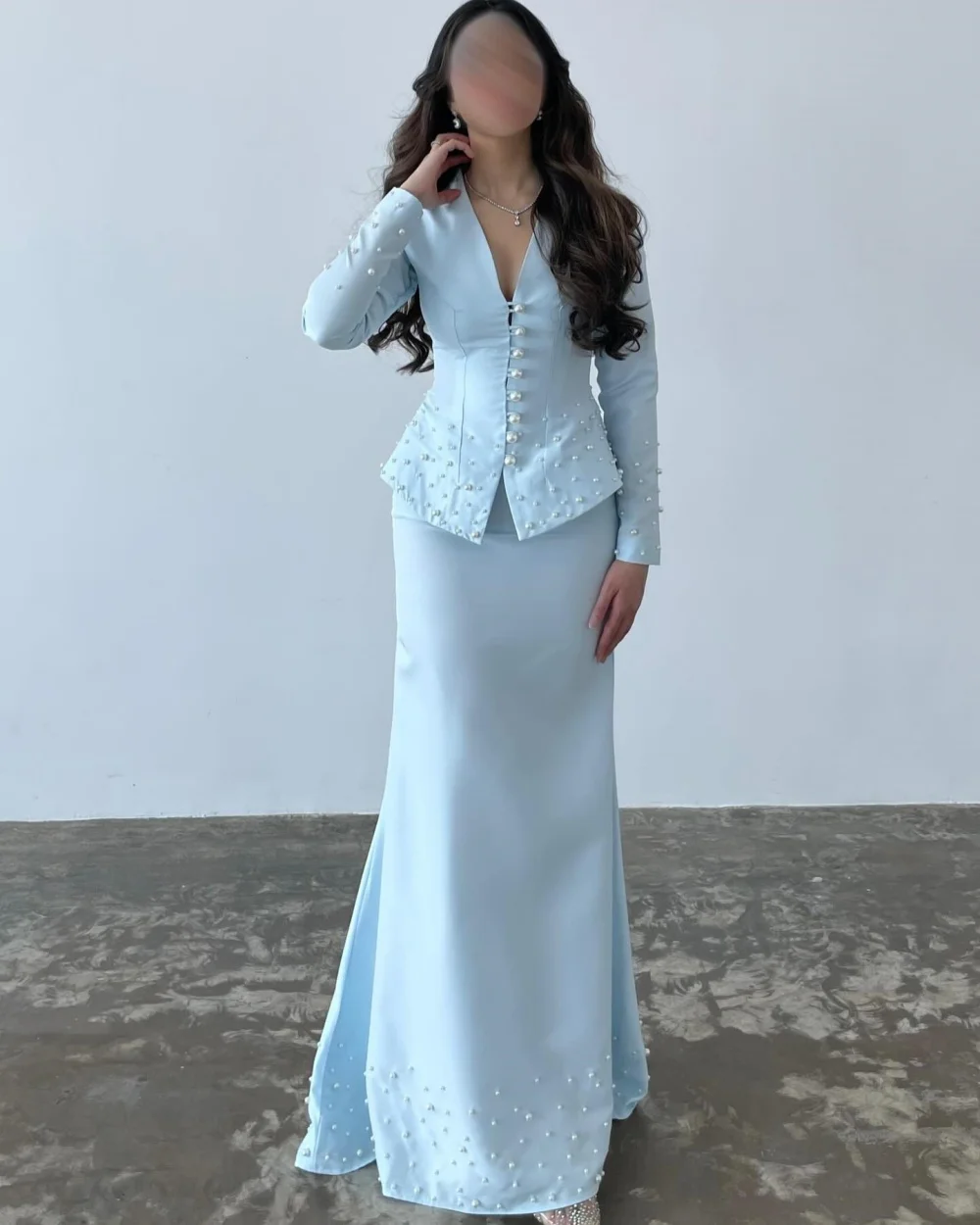 

Customized Modern Style Elegant Jersey Pearl Pleat Mermaid V-neck Long Dresses Bespoke Occasion Dresses High Quality Matching
