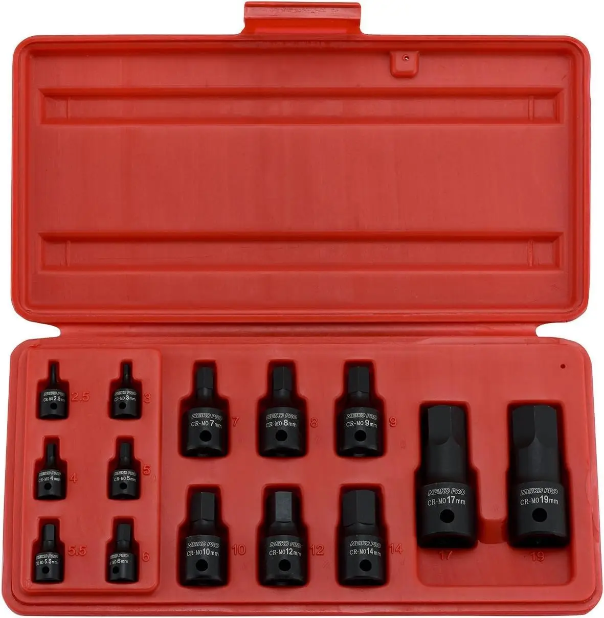 

Metric Impact Allen Socket Set, 14-Piece CrMo Steel Hex Socket Set, 2.5-19mm, 1/4-1/2 Inch Drive, Easy-Read Sizing