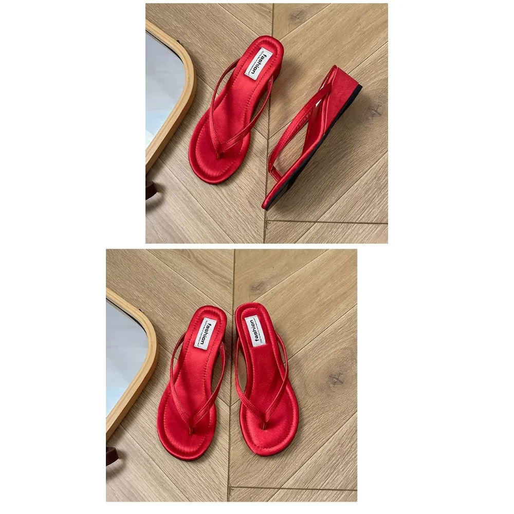 Damen Rote Wildleder Keilabsatz-Flip-Flops, Offene Zehenpartie Sommer-Slides, Bequemes Schuhwerk für Strandurlaub – Detail 16