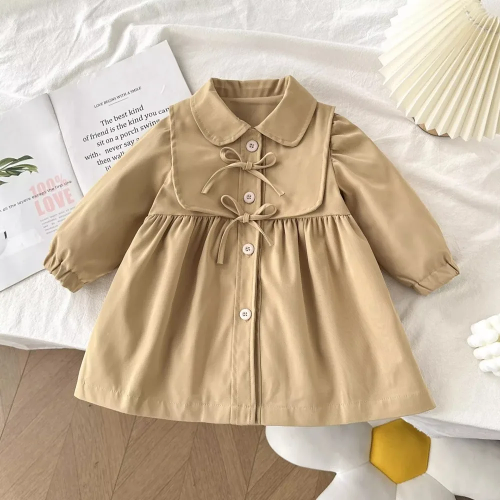 

Khaki 2025 Autumn New Girl's Coat Fashion Doll Collar Long Sleeve Bow Single Breasted Jacket Korean Version Windbreaker