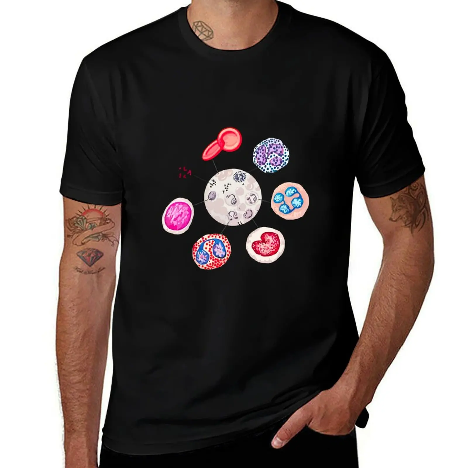 

Blood cells. RBCs. WBCs, Basophil, Platelet, thrombocyte, Neutrophil, B-Lymphocyte, Monocyte, Eosinophil. T-Shirt