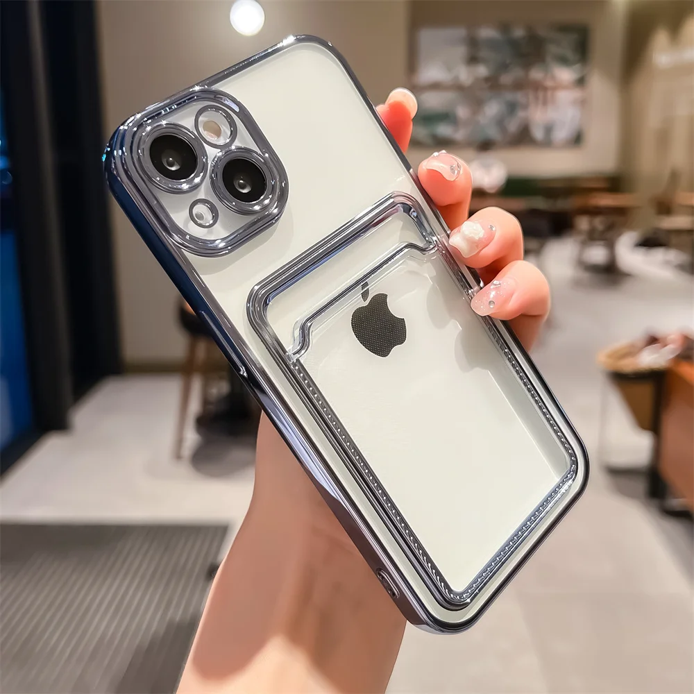 Electroplated Transparent Card Holder Wallet Case For iPhone 11 12 13 14 15 16 Pro Max Photo Pocket Shockproof Silicone Cover
