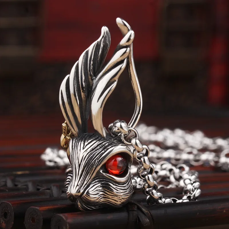 925 Silver Creative Rabbit Necklace for Women Pendant Men Art Handsome Hip-hop Style Design Sense Red Crystal Banquet Jewelry