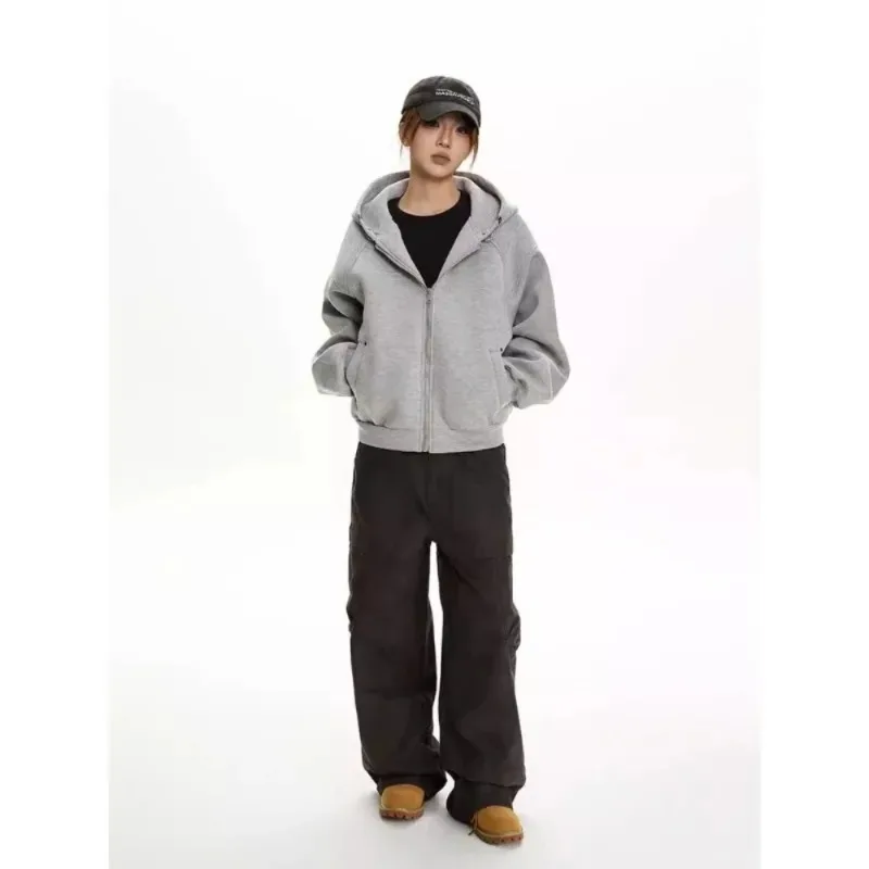 Retro Women's Zip Up Hoodie Sweatshirt Autumn Winter Fashion Harajuku Loose Hoodie Jacket Y2k Korean Solid Streetwear Kpop Tops
