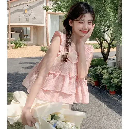 Summer Sleeveless Slip Tops Women Pink Y2K Sweet Fashion Ruffle Pleated Ladies Cropped Blouses Korean Style Loose Woman Tops