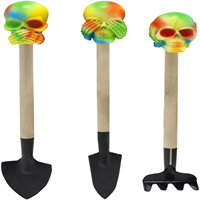 3pcs Mini Skull Head Decor Garden Tool Set Portable Wooden Handle Garden Hand Tools Set Styling Miniature Rake Trowel and Shovel