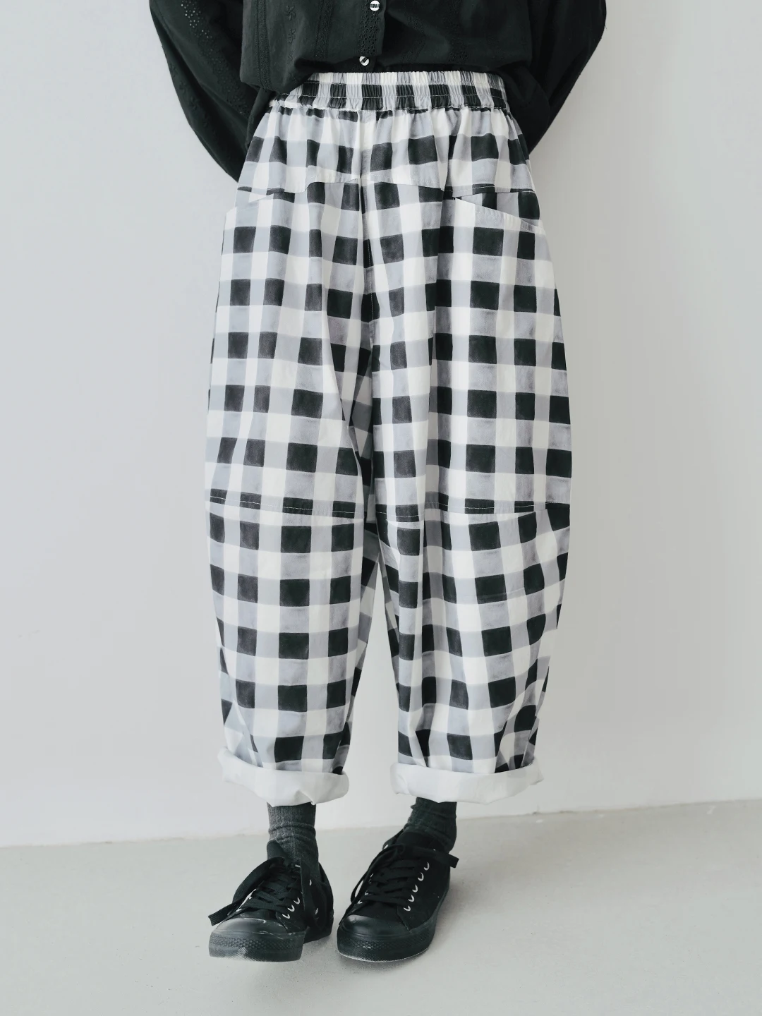 imakokoni 2024 autumn pure cotton printed black and white checkered lantern pants loose casual pants for women 244794