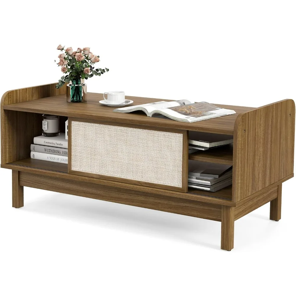 

Mid Century Coffee Table with Storage, Rattan Modern Tea Table with Sliding Doors, Adjustable & Removable Shelf, Rattan