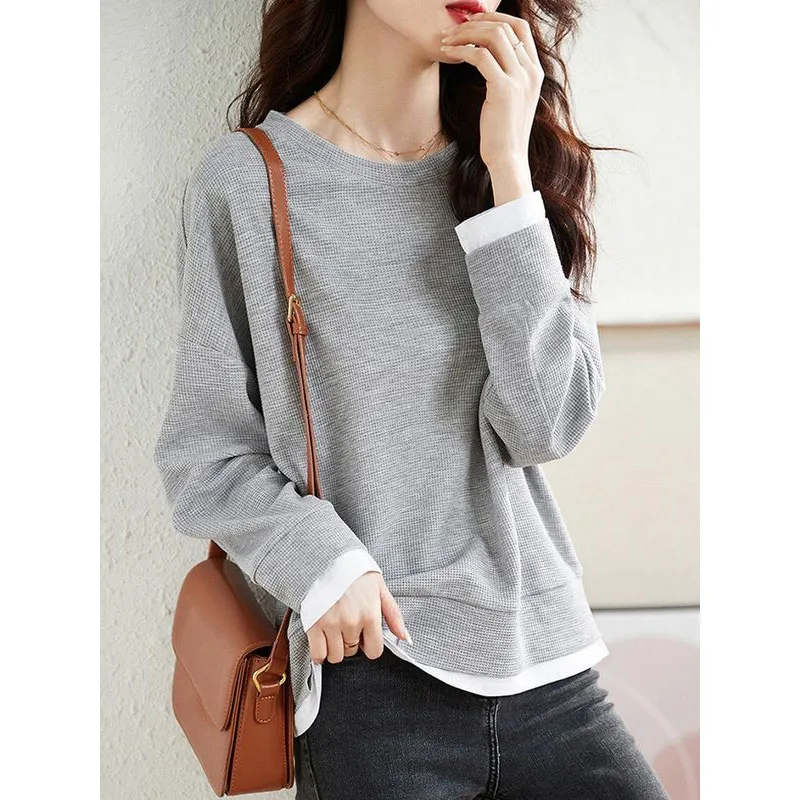 New Autumn and Winter Fashion Lazy Style Spliced Fake Two Piece Round Neck Loose Versatile Casual Long Sleeve Women's Sweater