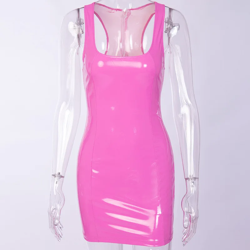 Sexy Pink PU Leather Bodycon Dress 2024 Summer Women Sleeveless Low Cut Back Zipper Elastic Mini Dress Party Club Dresses