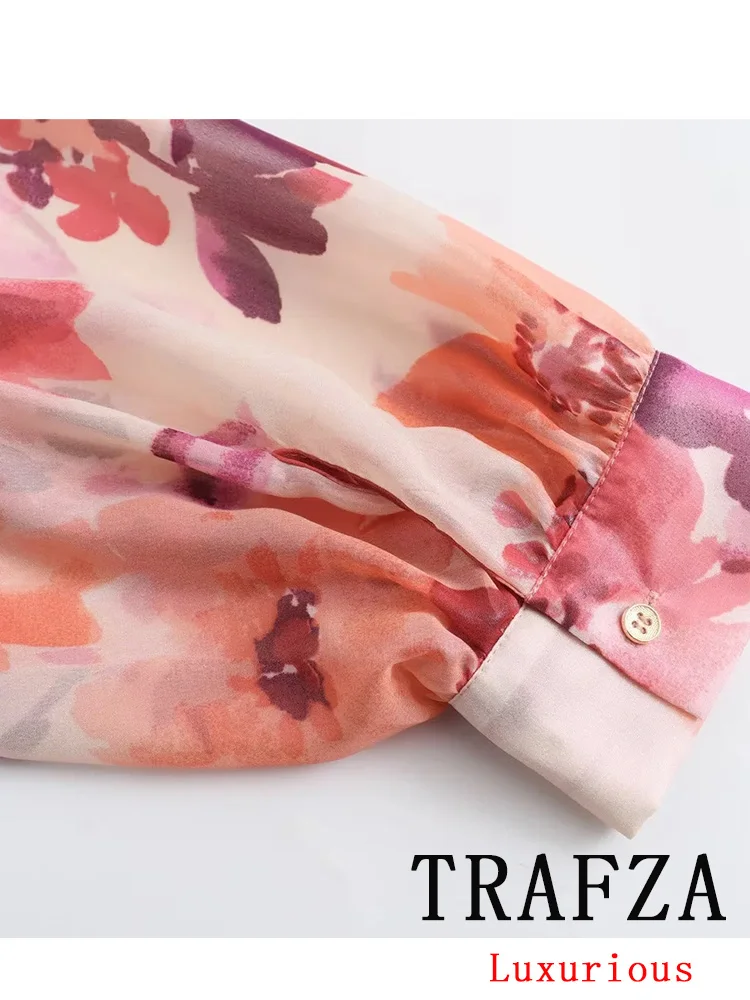 TRAFZA-Blusa de manga comprida com gola virada para baixo e terno com zíper dobrado para mulheres, estampas casuais, moda vintage, conjuntos de