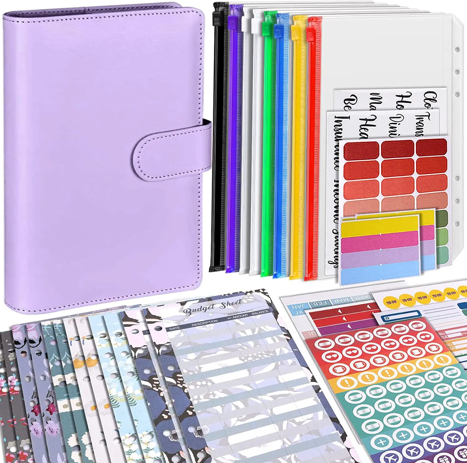 

A6 Leather Budget Binder Set, Money Saving Ring Binder with Colorful Zipper Cash Envelopes, Budget Sheets Transparent Word Label