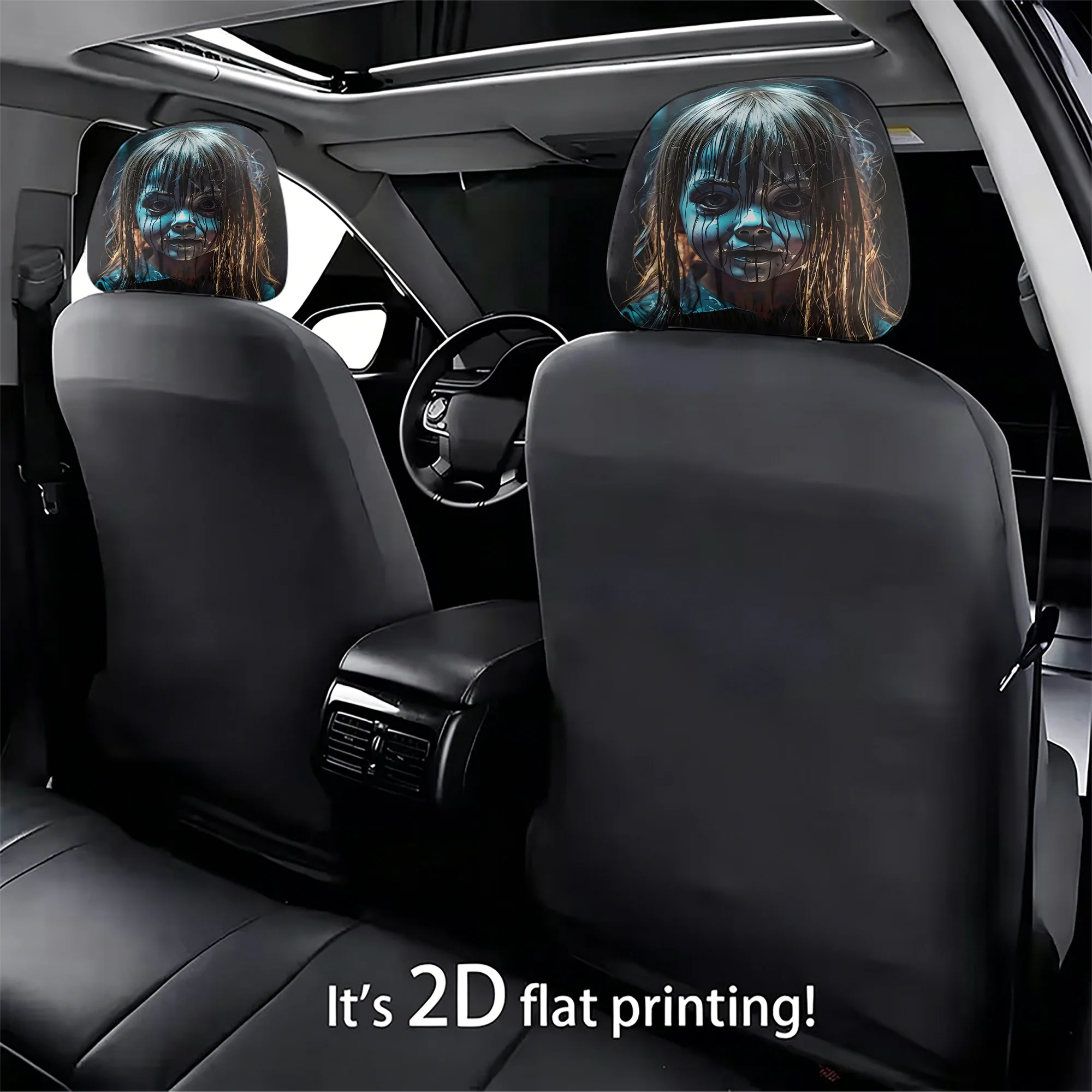2pcs car headrest covers featuring a spooky girl design, adding a touch of mystery to your car’s interior. Does not include fill