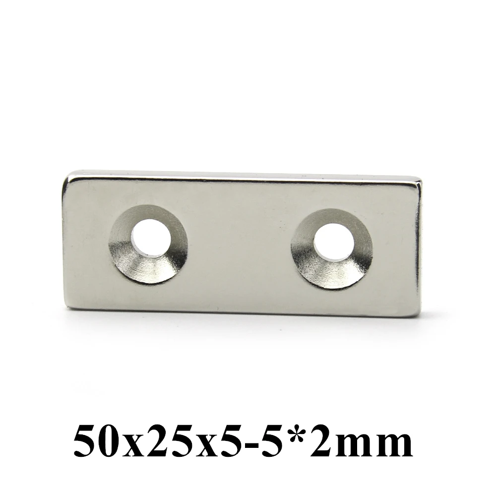 

2-10pcs 50x25x5mm double hole:5mm Super Strong Countersunk Block Neodymium Magnet Rare Earth Strong Magnet