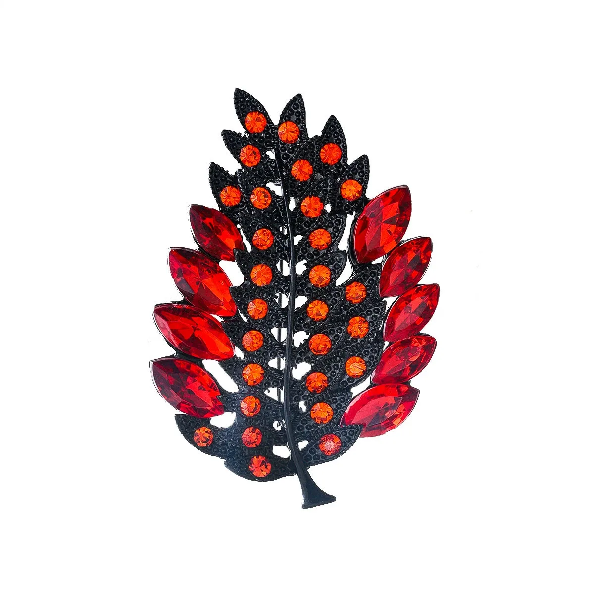 Elegant Hollow out Design Leaf Shaped Brooch with Red Gemstones Vintage Fashion Accessory for Parties Black Plated Alloy