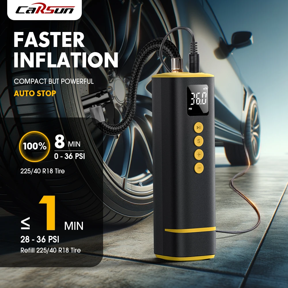 CARSUN 12V Corded Mini Air Compressor 150PSI Digital Tire Inflator Auto Shut-off Fast Inflation CE for Car Moto Bicycle Balls