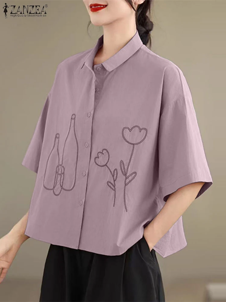 ZANZEA 2025 Vintage Button Tops Women Embroidery Shirts Fashion Summer Half Sleeve Blouse Korean Casual Lapel Collar Tops Tunics