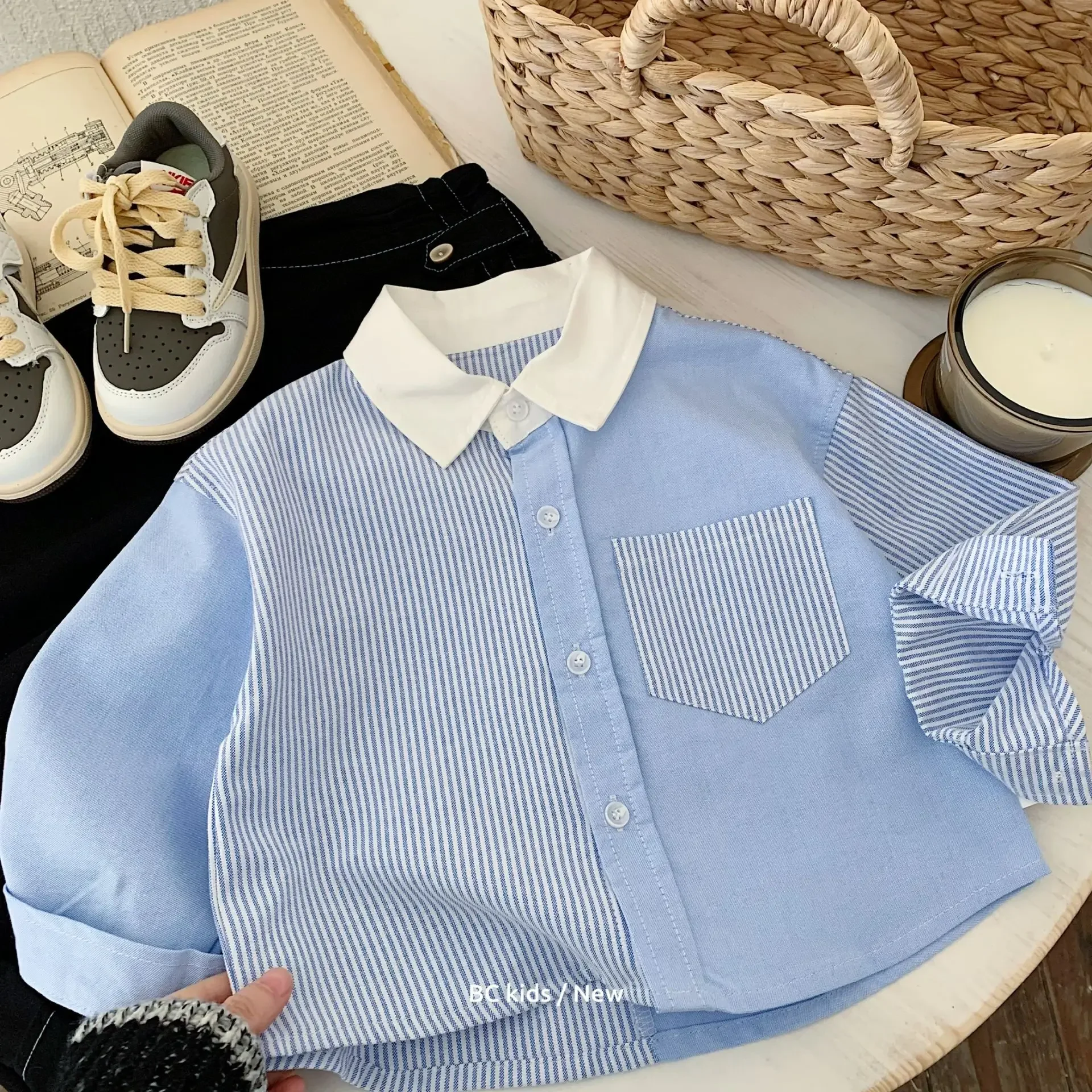 

Baby Boys T-shirt Autumn Retro Splicing Striped Turn Down Collar 1-8Y Boys Shirts Long Sleeves Single Breasted Toddler Boys Tops