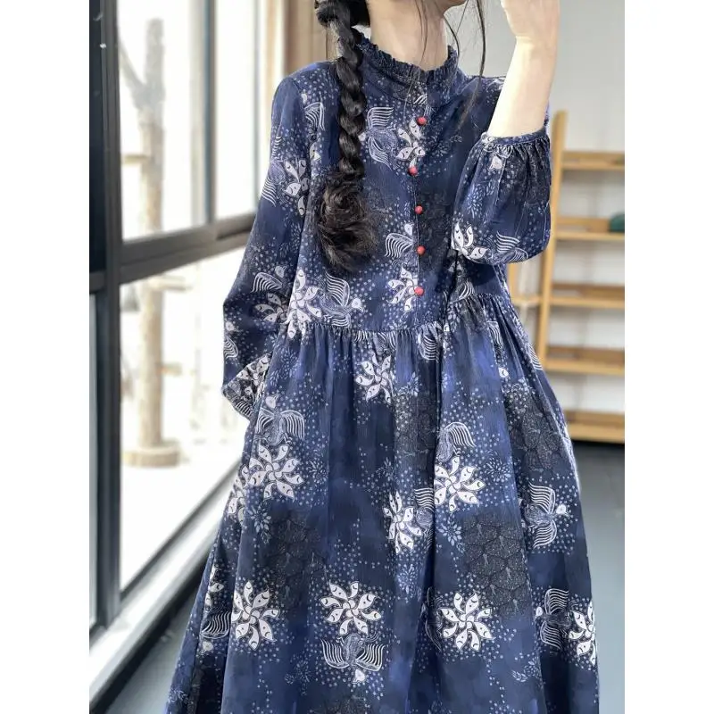 2023 New Autumn Fashion Simple Print Round Neck Wooden Ear Edge Long Sleeve Temperament Commuter Women's Loose Casual Dress