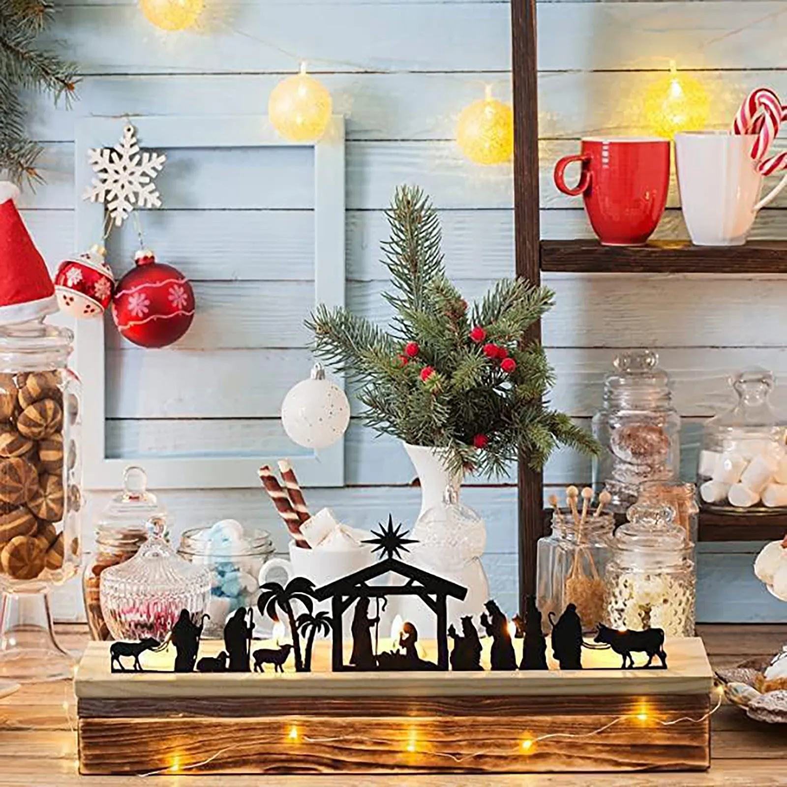 Christmas Nativity Advent Candle Holder Indoor Fireplace Decoration Iron Art Tealight Votive Candlestick Office Home Decor