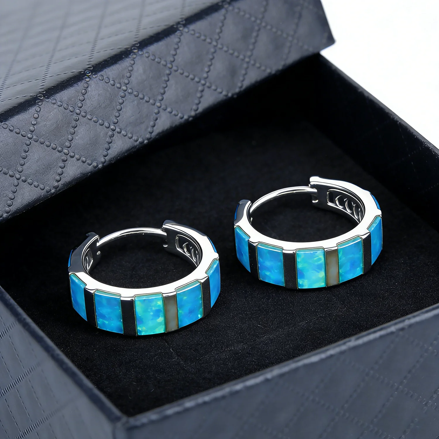 New Blue Opal Stripe Earrings Unique Design Round Minimalist Fashion Jewelry for Women  Perfect for Anniversary and Couple Gifts