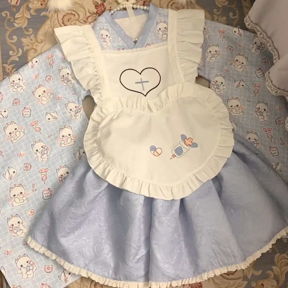 MAGPGP Abbigliamento donna giapponese Set da due pezzi Manica svasata Volant Grembiule Vita alta Abito a trapezio Abiti Stampa carina Abito dolce
