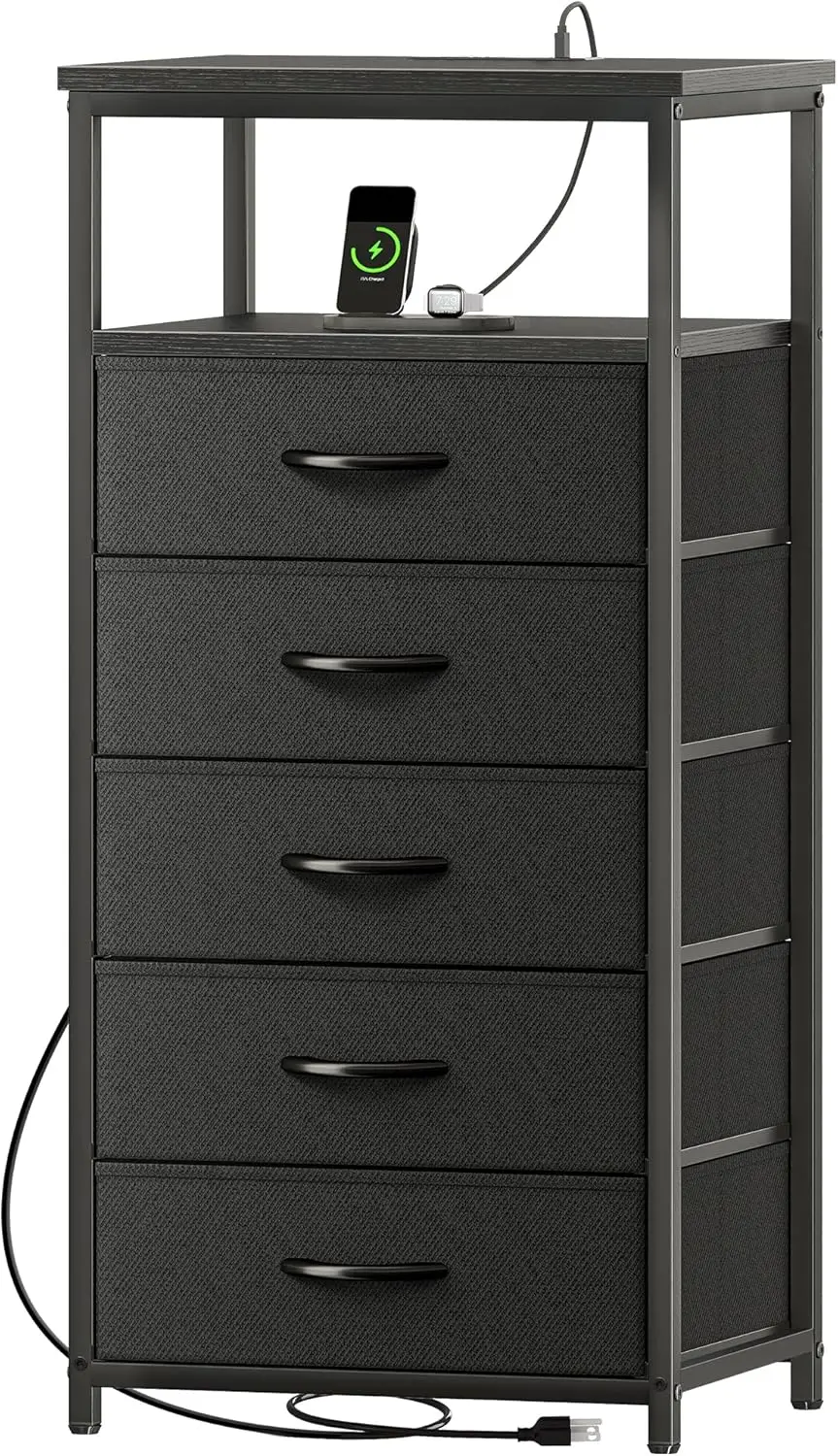 

Тумба-комод с 5 ящиками и зарядной станцией, высокая прикроватная тумба для хранения вещей в спальне, черная
