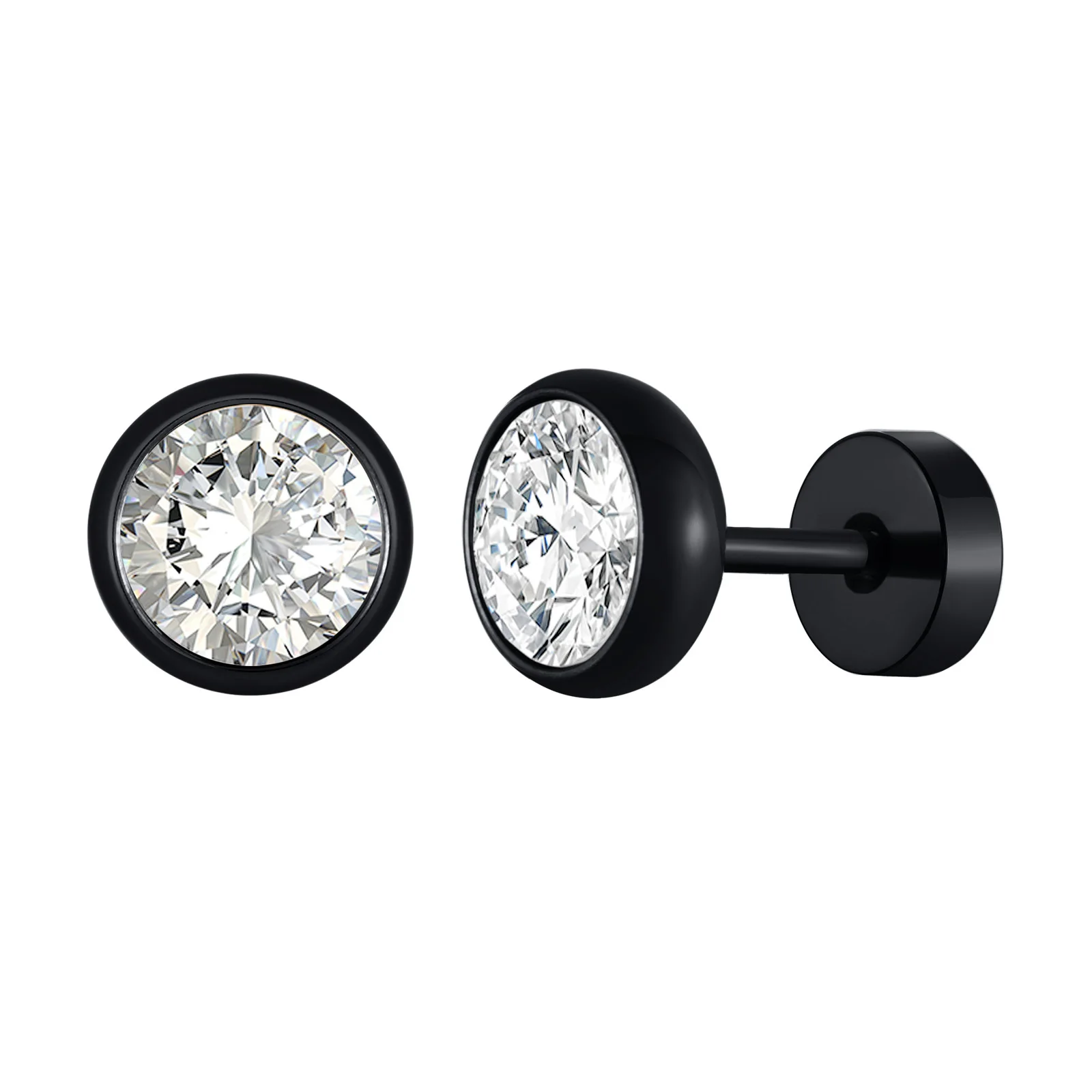 Men's Black Stainless Steel Stud Earrings, 8MM