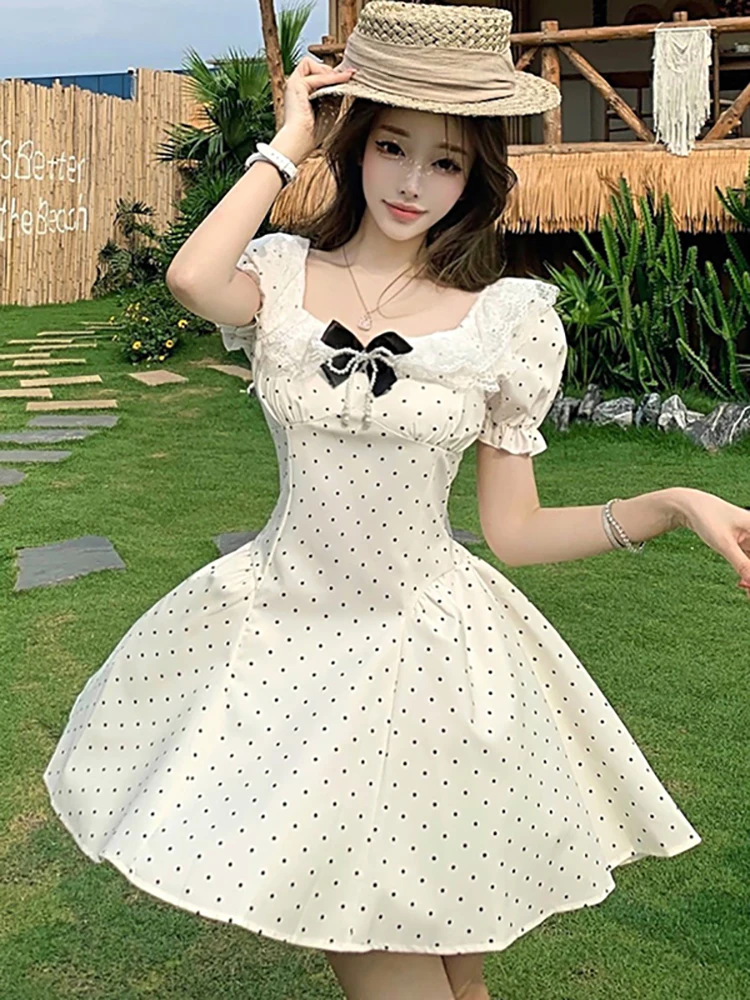 

Summer White Polk Dot Beading Bow Y2k Dress Women Fashion Puff Sleeve Lace Square Collar Dress 2026 Korean Elegant Bodycon Dress