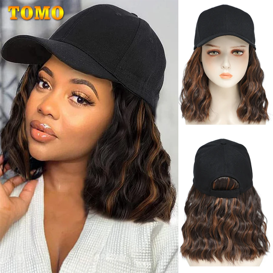 TOMO Baseball Cap Wig With Short Wavy Hair Extensions Synthetic Curly Wave Wig Hat Adjustable For Women Girls Ombre Black Brown