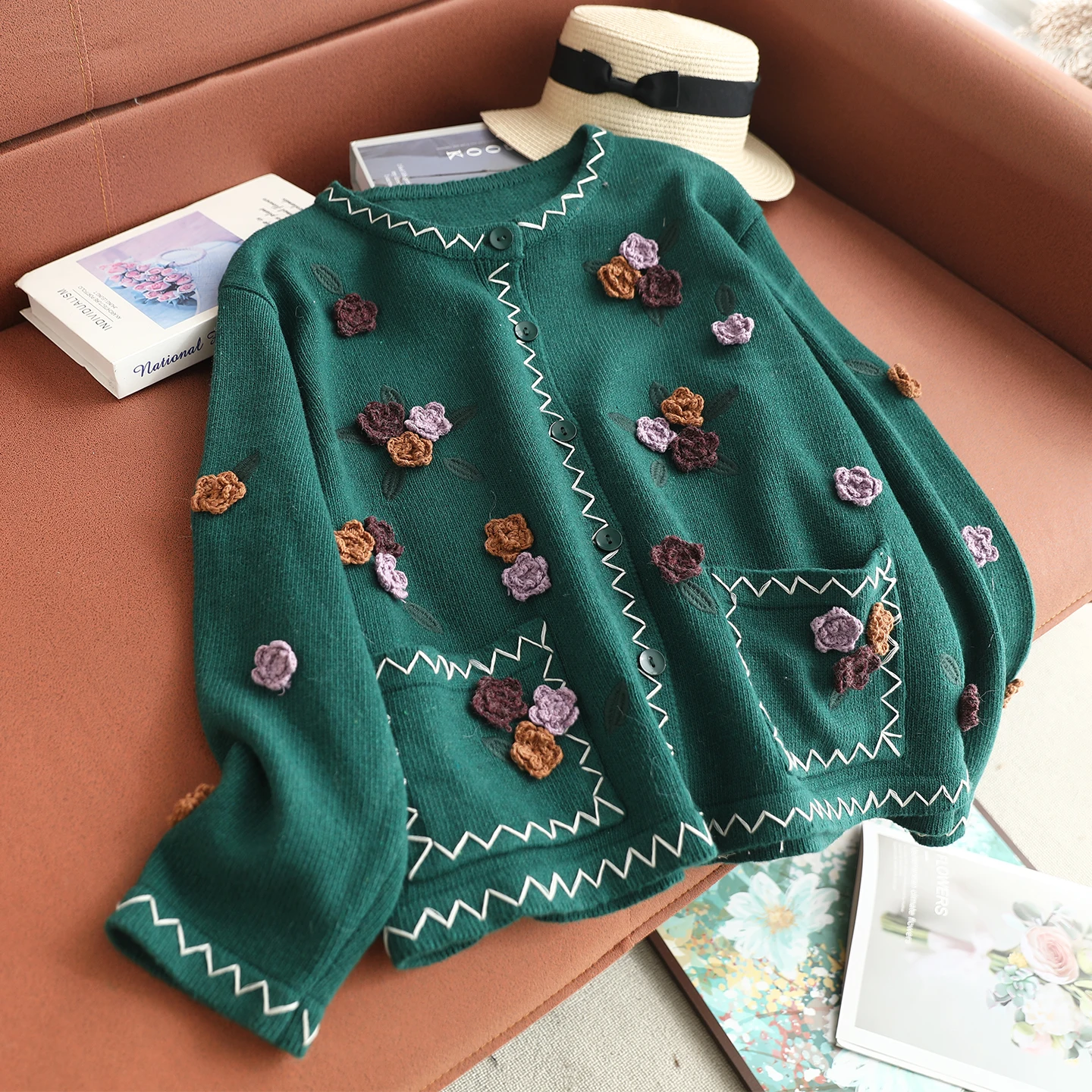 Japanse Zoete Mori Meisje 3D Bloem Applicaties Gebreid Vest Vrouwen Lente Herfst O-hals Lange Mouw Casual Losse Trui Jassen