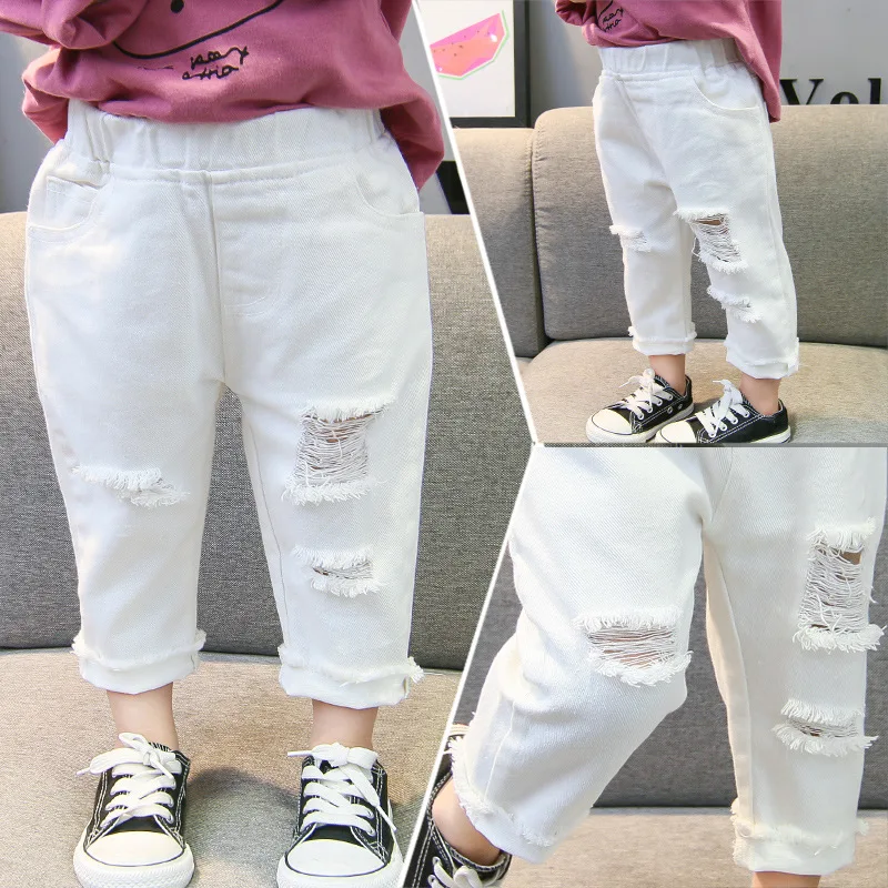 New Spring Summer Children Clothes Fashion Baby Girls Ripped Jeans Toddler Boys White Pants Kids Broken Hole Trousers