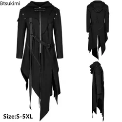 Novo 2025 estilo punk masculino irregular trench coats preto gótico longo com capuz jaquetas halloween homem cosplay traje tamanho grande S-5XL